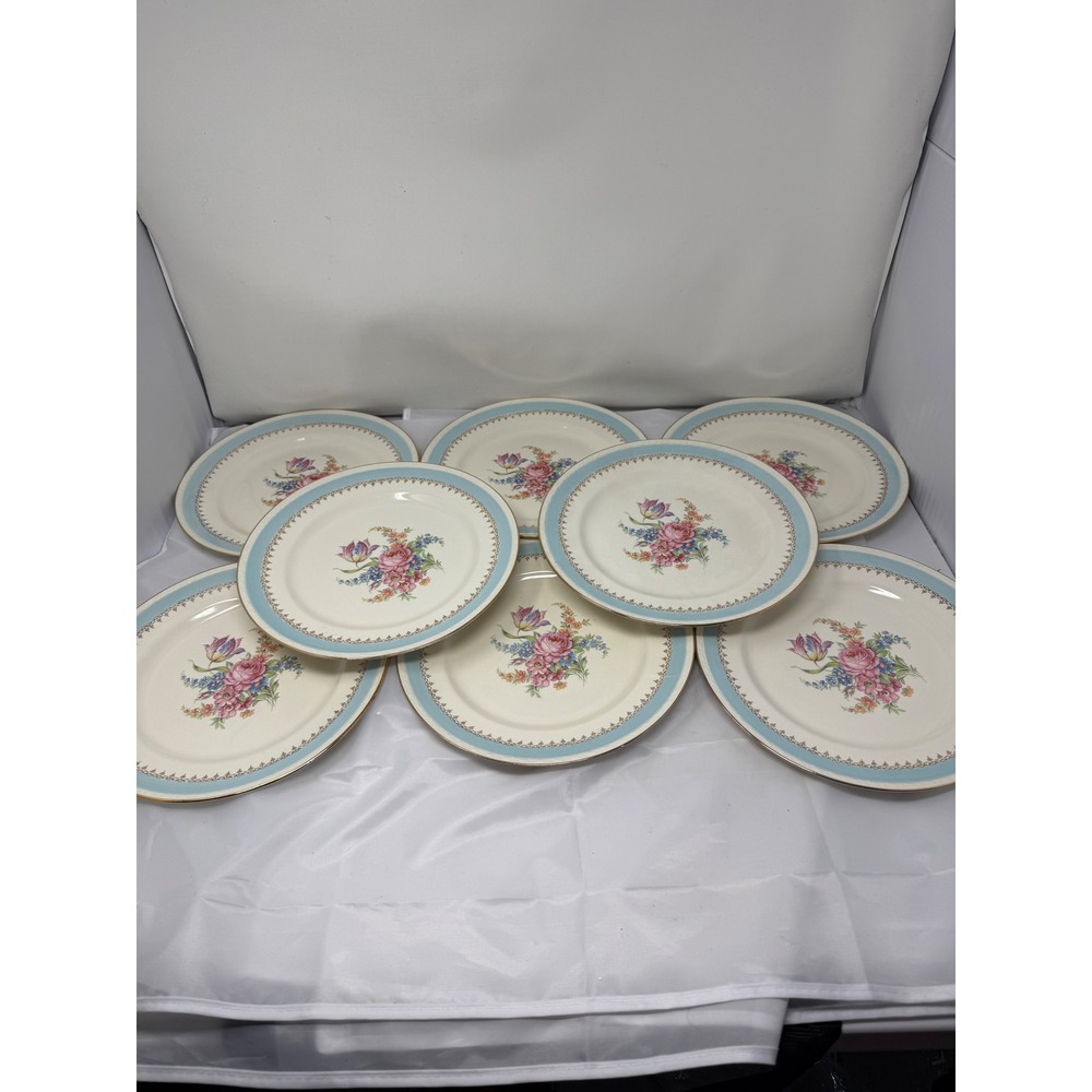 Homer Laughlin Eggshell Georgian Floral Blue Band 10" Dinner Plates Set of 8